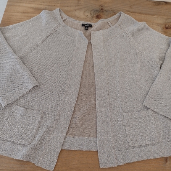 Talbots Sweaters - Talbots Tan Metallic Sparkle Linen Blend 3/4 Sleeve Short Sweater Size M